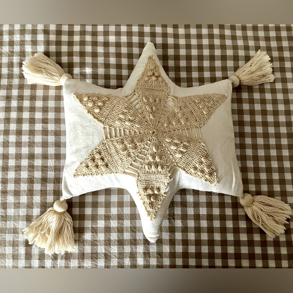 Vintage Cream Damask and Doily Star Accent Pillow